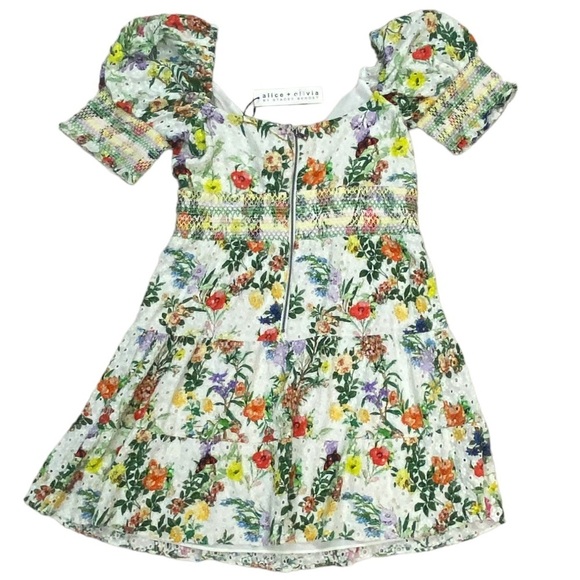 NWT Alice + Olivia Kristie Floral Print Puff Sleeve Dress Green White Multi 6 - Picture 3 of 8